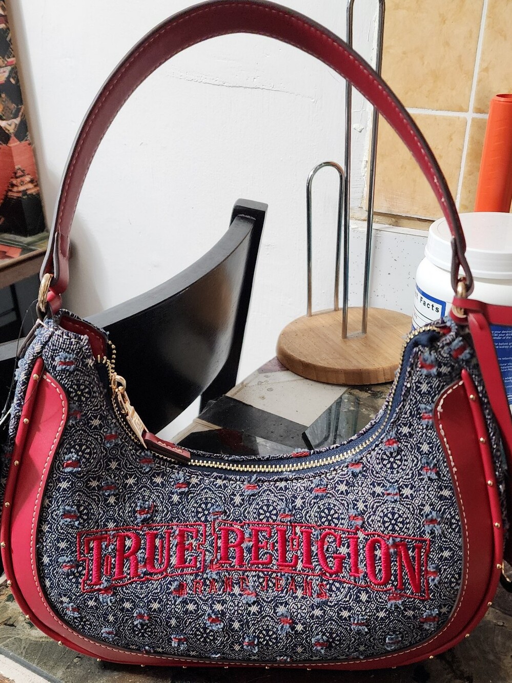 True Religion Navy Denim Shoulder Bag with Red Accents